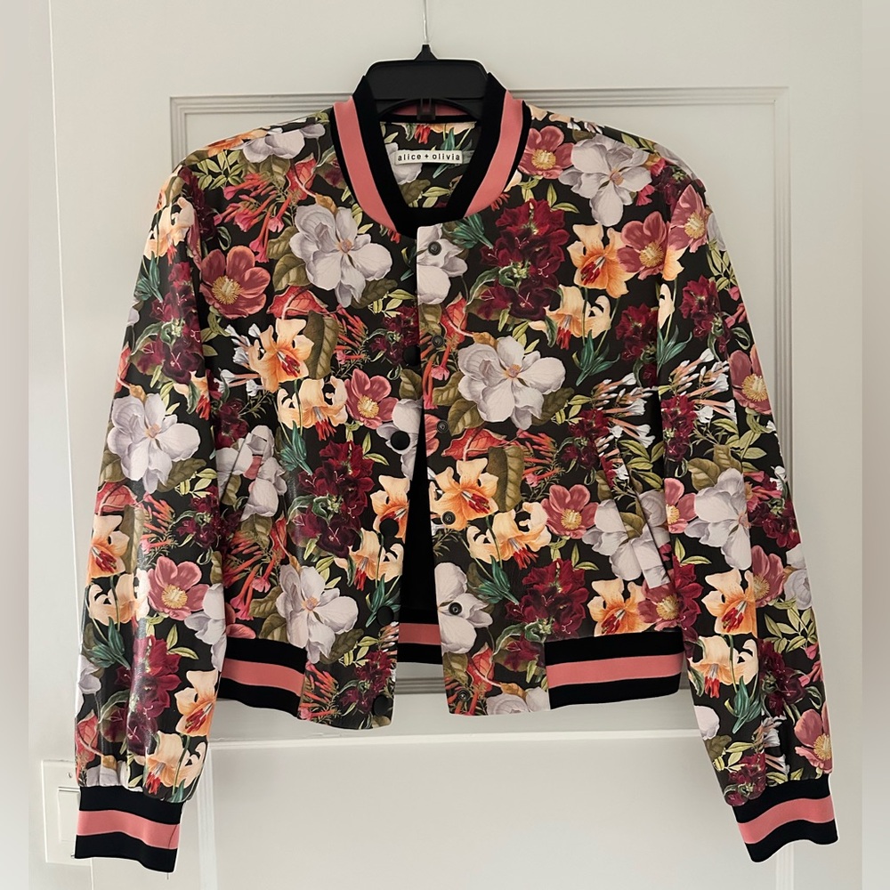 Alice + Olivia Keri Floral Vegan Leather Women's Varsity Jacket Size Small